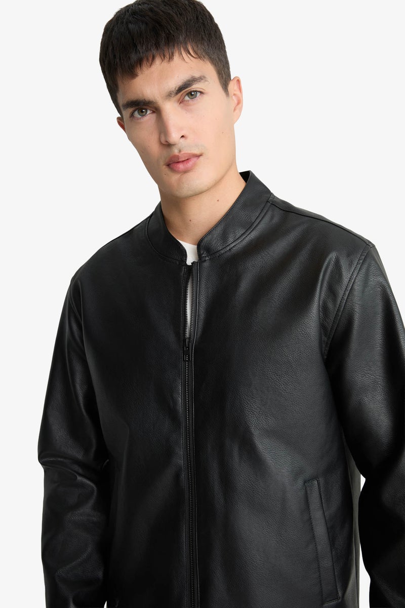 DeFacto Black Man Waterproof Slim Fit Stand Collar Faux Leather Jacket Casual - Image 4